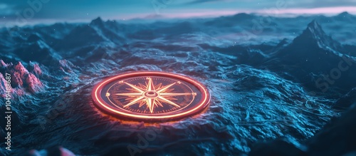 3D digital landscape features a floating digital compass outlined in vibrant neon.