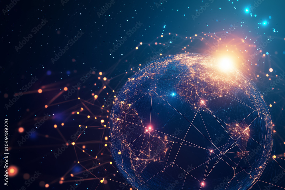 A glowing digital globe highlights vibrant connections, symbolizing global networking in a cosmic space A glowing digital globe highlights vibrant connections, symbolizing global networking in a cosmic space