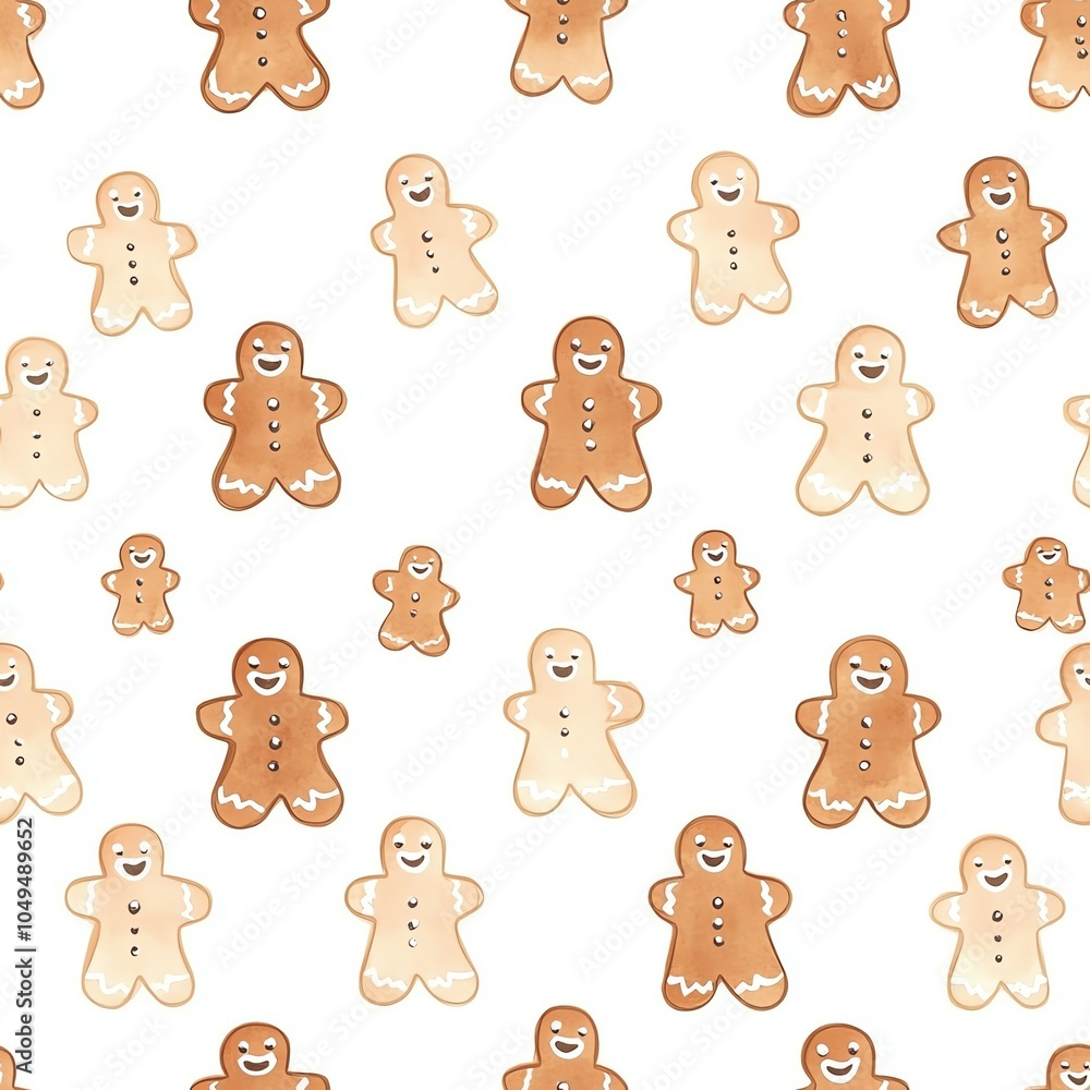Fototapeta premium Watercolor gingerbread cookies in simple shapes, scattered over a light pastel background, soft holiday tones, seamless design