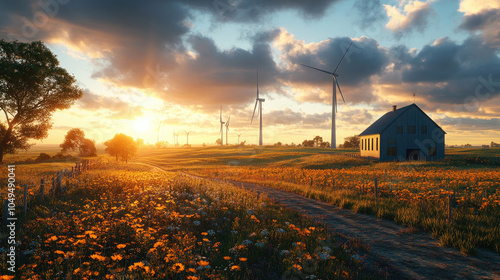 Houses on the grassland and wind turbines in the distance