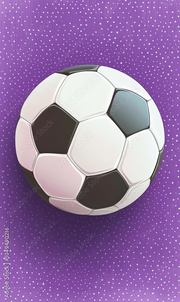 Naklejka premium A classic black and white soccer ball sits against a purple background with a subtle dotted pattern.