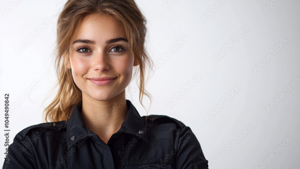 Fototapeta premium Caucasian Woman Security Guard - smiling, woman, portrait, cheerful, young, fashion, beauty, happiness, friendly, confidence, casual, black shirt, attractive, hairstyle
