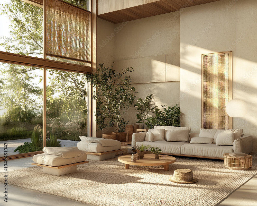 Fototapeta premium serene living room featuring cozy furniture, large windows, and natural light. space is adorned with plants, creating tranquil atmosphere perfect for relaxation