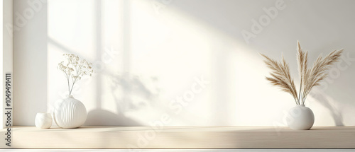 Minimalist floral arrangement with soft colors, featuring delicate flowers and elegant grasses in simple vases. This serene composition enhances any modern space