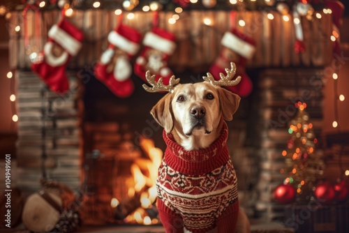 Festive dog in cozy christmas sweater by fireplace photo