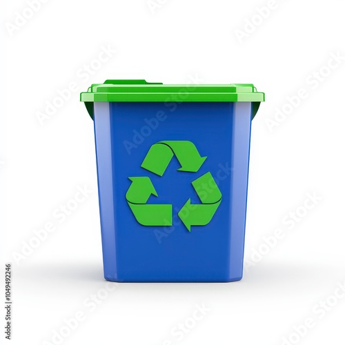 A blue recycling bin with a green lid and a recycling symbol for waste separation.