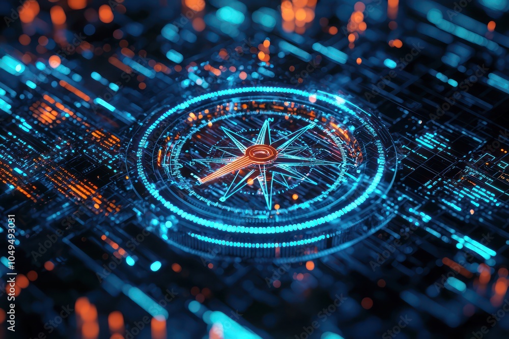 Blue coding elements accent a digital compass in a 3D screen ...