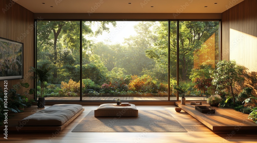 Fototapeta premium living room Lofty house, wooden floor and large windows in the countryside with nature view