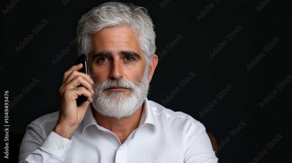 Mature Man on the Phone: A seasoned businessman with a distinguished beard, intently listening to a conversation on his smartphone, reflecting a sense of calm and focus. Mature Man on the Phone: A seasoned businessman with a distinguished beard, intently listening to a conversation on his smartphone, reflecting a sense of calm and focus.