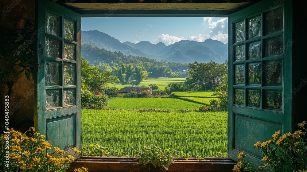 Fototapeta premium view from the open window with a rural background of rice field landscape