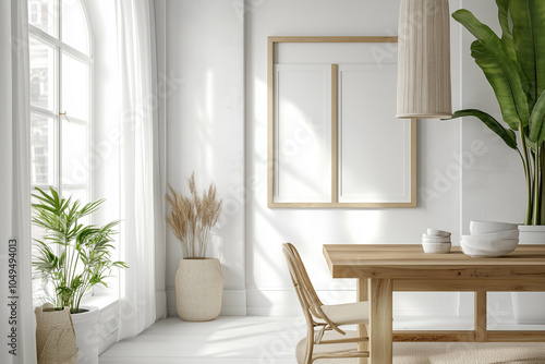 Mockup frame on home interior background with natural wood table and decoration