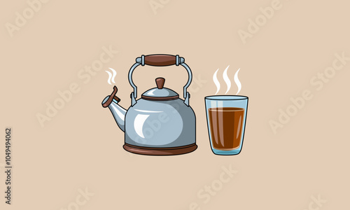 Teapot and glass of steaming hot tea illustration.