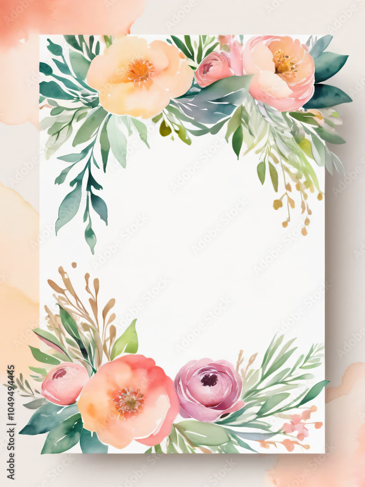 Obraz premium Wedding invitation featuring soft watercolor flower border.