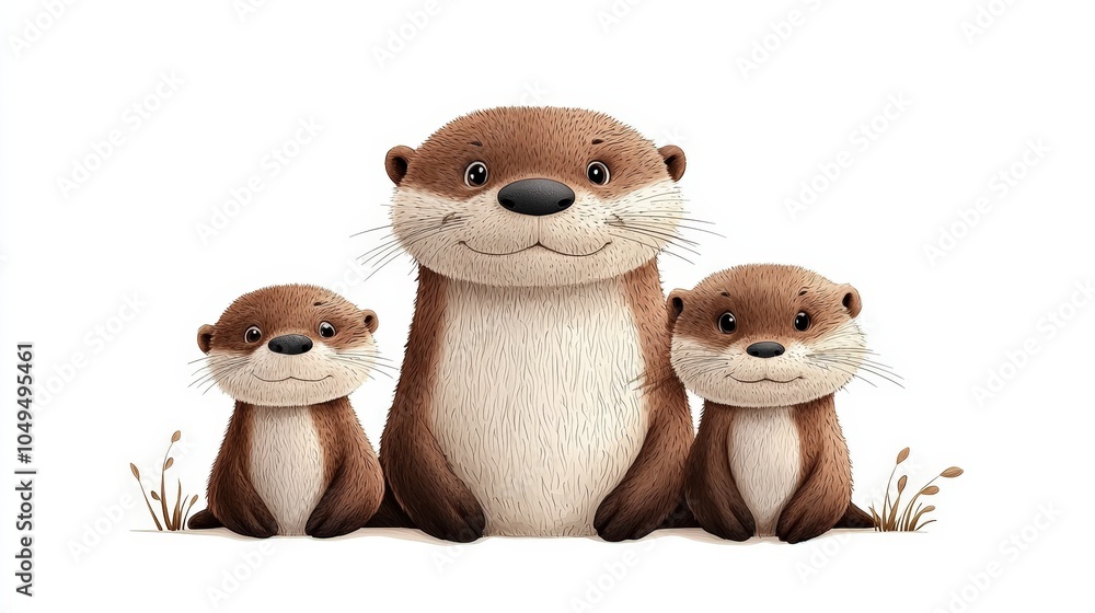 Fototapeta premium Three cute otters on white isolated background