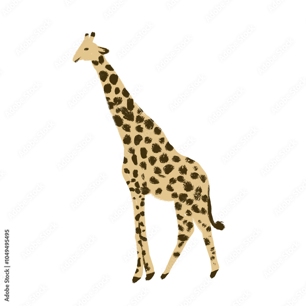 Obraz premium Hand drawn illustration of wild african giraffe. Zoo animal with long neck in artistic modern style, wildlife safari print, isolated on white background. Cute animal standing portrait high character.