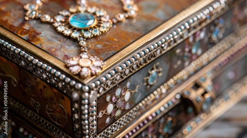 A grandiose Victorianinspired jewelry box featuring a marble exterior and a selection of opulent gemstones and intricate filigree designs.