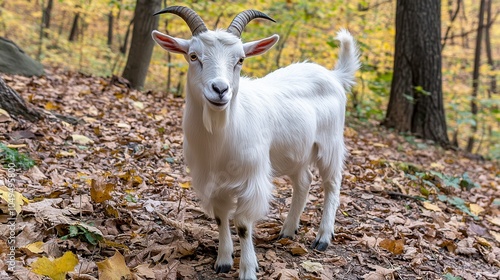 Explore the majestic beauty of a white goat surrounded by autumn leaves in the forest photo