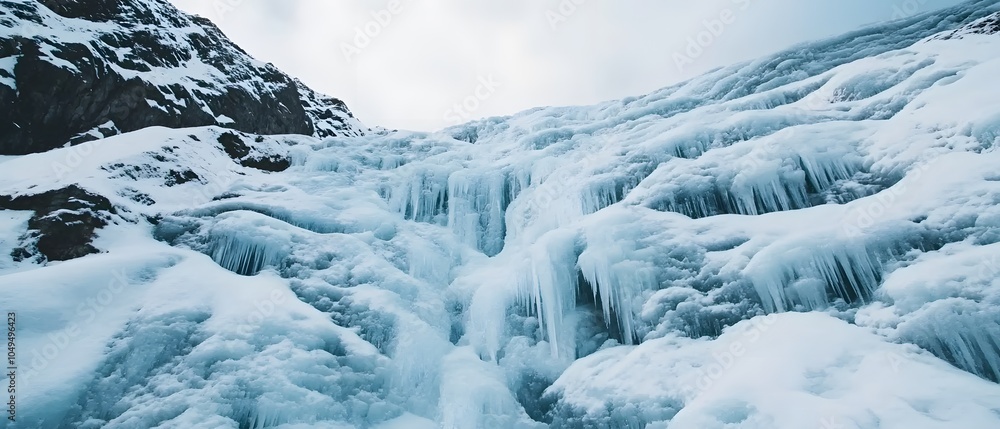 Frozen Waterfall in a Majestic Mountain Landscape Frozen Waterfall in a Majestic Mountain Landscape