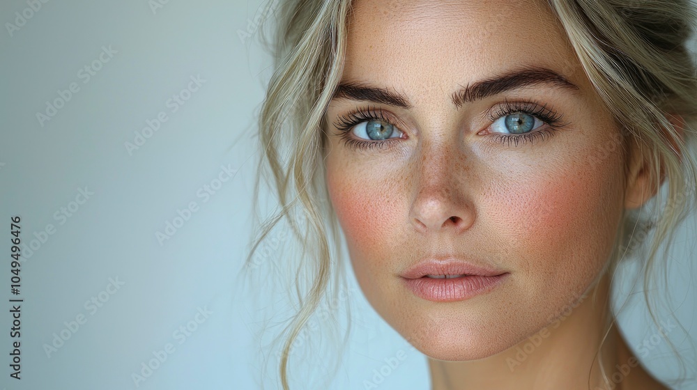 Naklejka premium Close-up portrait of a woman with stunning blue eyes and natural makeup
