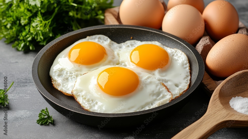 Fried eggs look delicious and are suitable for advertising images for restaurants. It is a picture of an uncooked fried egg. There are brightly colored egg yolks. Fried eggs look delicious and are suitable for advertising images for restaurants. It is a picture of an uncooked fried egg. There are brightly colored egg yolks.