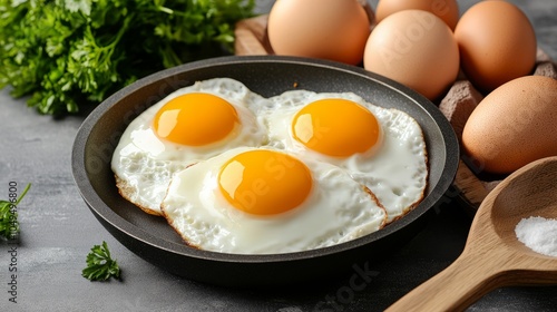 Fried eggs look delicious and are suitable for advertising images for restaurants. It is a picture of an uncooked fried egg. There are brightly colored egg yolks. photo