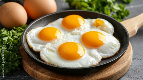 Fried eggs look delicious and are suitable for advertising images for restaurants. It is a picture of an uncooked fried egg. There are brightly colored egg yolks. photo