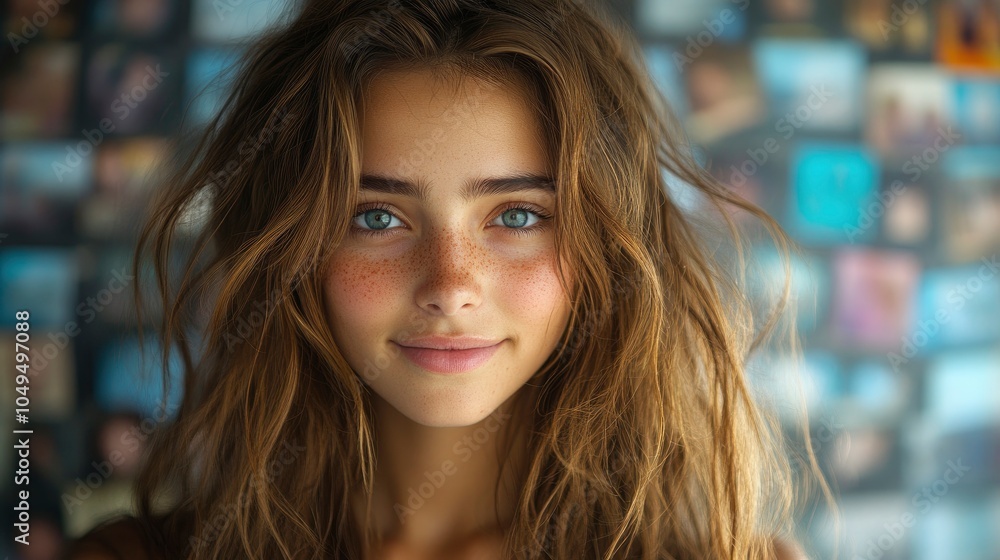 Young woman with freckles and blue eyes smiling in a cozy setting Young woman with freckles and blue eyes smiling in a cozy setting