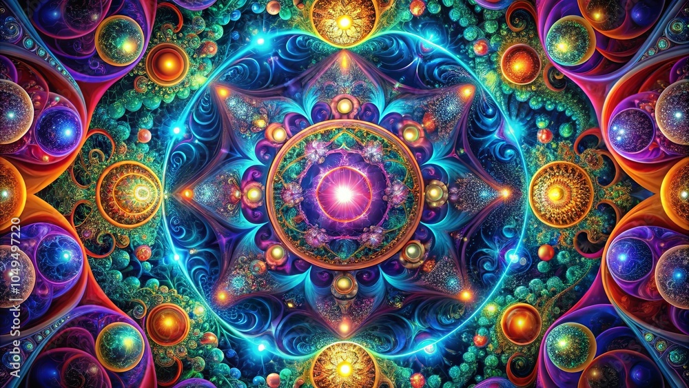 A kaleidoscope of glowing orbs, intricate swirls, and vibrant colors converge in a mesmerizing symphony of abstract beauty A kaleidoscope of glowing orbs, intricate swirls, and vibrant colors converge in a mesmerizing symphony of abstract beauty