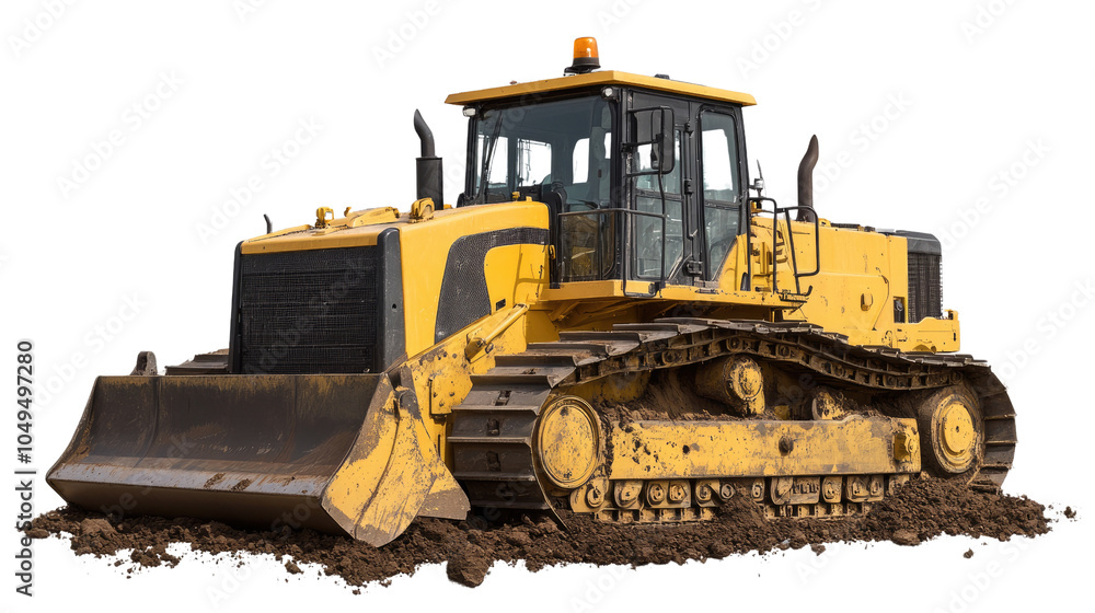 Heavy construction equipment including a yellow bulldozer and excavator isolated on white background Heavy construction equipment including a yellow bulldozer and excavator isolated on white background
