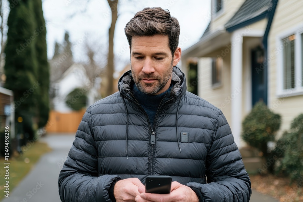 A man in a black puffer jacket checks his phone while standing outside near houses on a chilly day. A man in a black puffer jacket checks his phone while standing outside near houses on a chilly day.