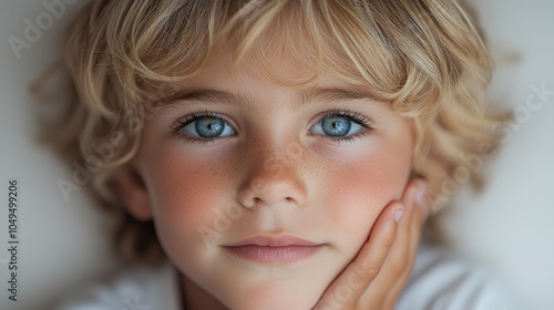 Close-up portrait of a thoughtful child with bright blue eyes