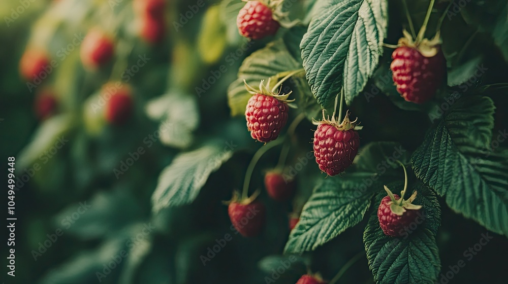 Ripe raspberries growing on lush green plants, symbolizing sustainable, eco-friendly organic farming for a healthy lifestyle. Ripe raspberries growing on lush green plants, symbolizing sustainable, eco-friendly organic farming for a healthy lifestyle.