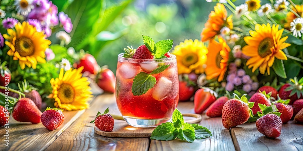 A refreshing summer drink with ice, mint and strawberries, surrounded by bright yellow sunflowers and pink flowers on a wooden table A refreshing summer drink with ice, mint and strawberries, surrounded by bright yellow sunflowers and pink flowers on a wooden table