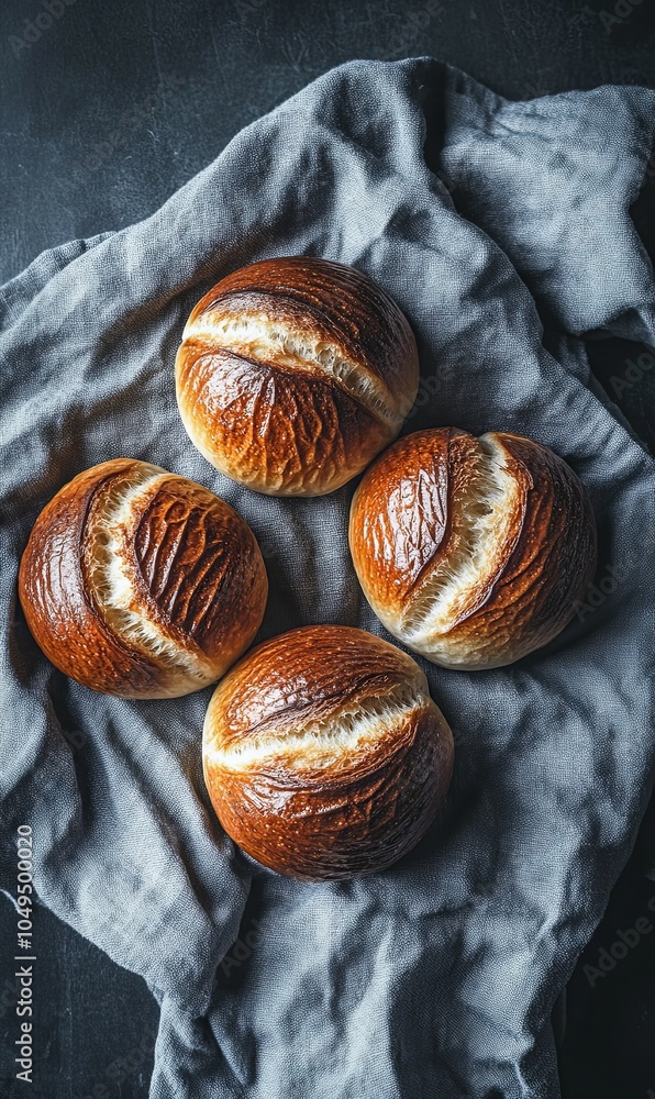 Obraz premium Four freshly baked bread rolls on a gray linen cloth.