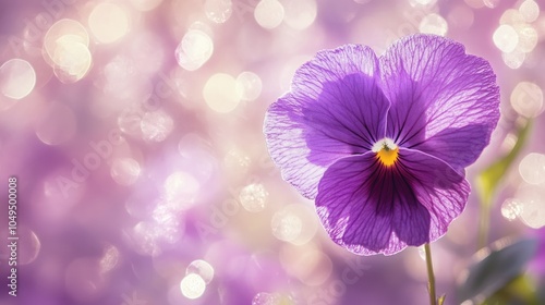 Soft focus close-up of a purple pansy flower, with sunlight filtering through its petals, creating a glittery bokeh glow in the background.