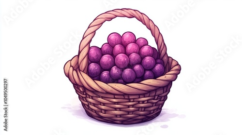 Wicker Basket Filled with Fresh Purple Grapes Isolated on White Background