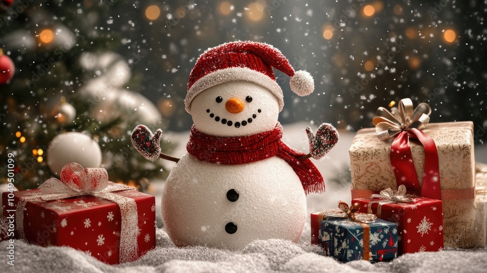 snowman and gifts flat design front view North Pole theme 3D render snowman and gifts flat design front view North Pole theme 3D render