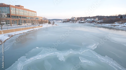 Serene winter landscape a frozen river scene highlighting modern architecture alongside nature's beauty
