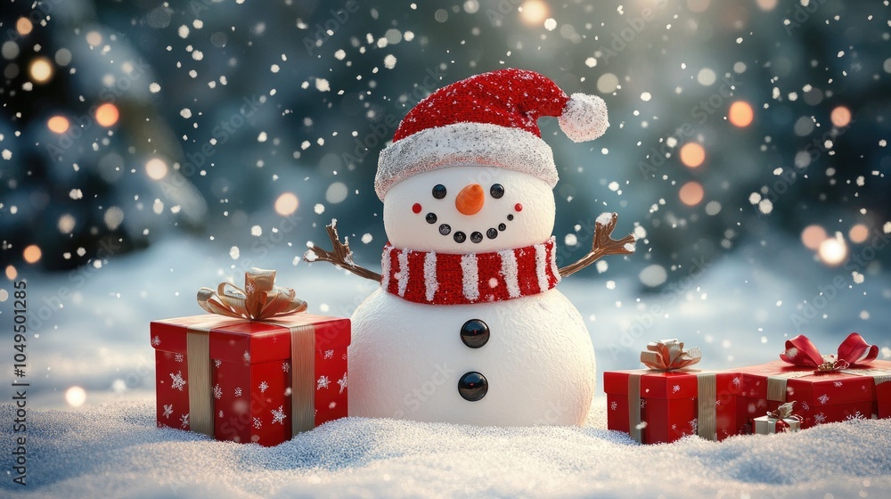 snowman and gifts flat design front view North Pole theme 3D render snowman and gifts flat design front view North Pole theme 3D render