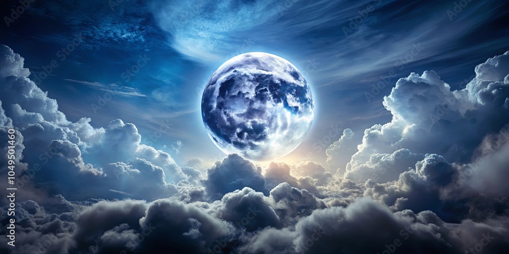 A celestial orb, a luminous sphere, illuminates a sky of swirling clouds, casting an ethereal glow upon the endless expanse of the atmosphere.