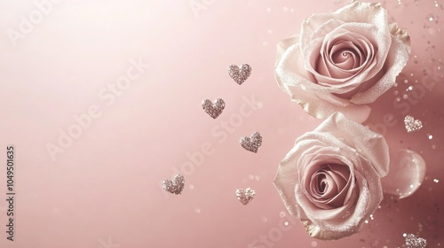 Valentine's Day banner with a soft pink backdrop, embellished with glittering silver roses, offering a romantic atmosphere. Ideal for text overlay.