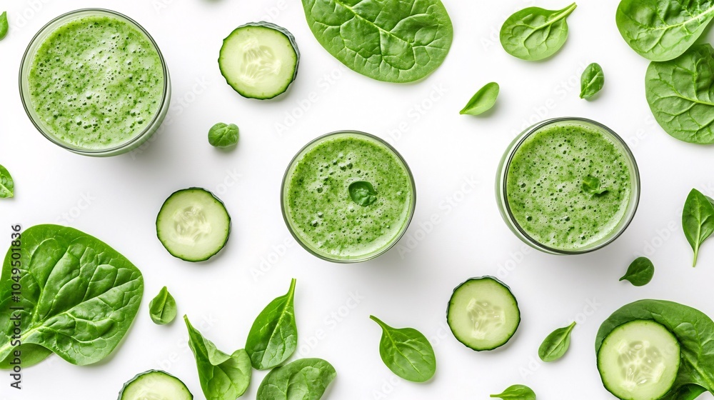 2410 28.A minimalist top view of detox green vegetable smoothies in glasses, accompanied by scattered spinach leaves and cucumber slices, set on a bright white background, highlighting the natural, 2410 28.A minimalist top view of detox green vegetable smoothies in glasses, accompanied by scattered spinach leaves and cucumber slices, set on a bright white background, highlighting the natural,