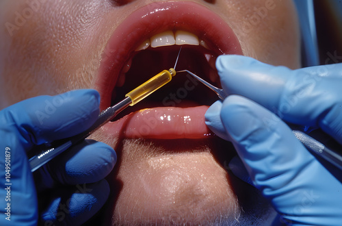 A dentist treats a close-up of a tooth photo