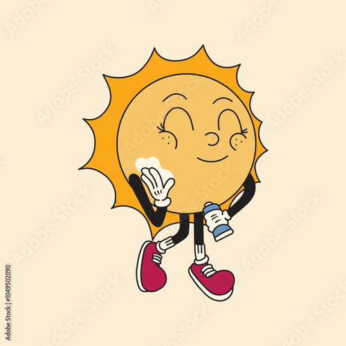 retro mascot cartoon characters, groovy cartoons, vector illustration sun use sunscreen cream