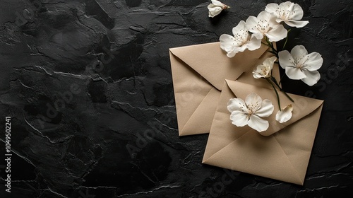 Wedding-themed craft envelopes with flowers, placed on a black background with ample room for copy or design elements.