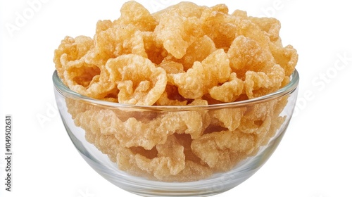 A bowl of delicious pork rinds, isolated on a clear background