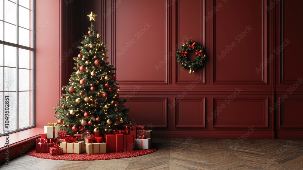 Christmas tree and gifts flat design front view North Pole theme 3D render Christmas tree and gifts flat design front view North Pole theme 3D render