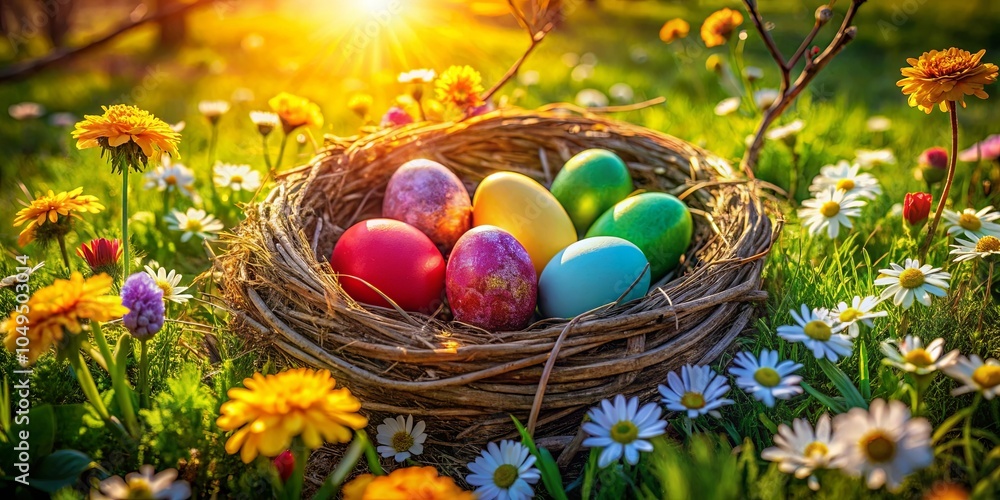 A Nest of Colorful Eggs Nestled Among Sunlit Blooms in a Meadow of Delicate Daisies A Nest of Colorful Eggs Nestled Among Sunlit Blooms in a Meadow of Delicate Daisies