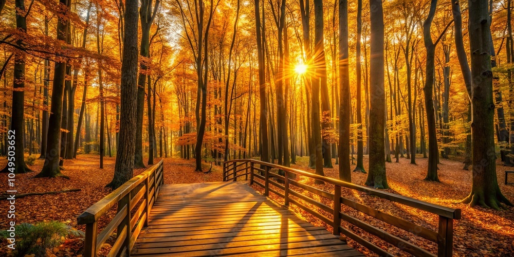 Golden Sunlight Illuminates a Pathway Through a Forest of Autumn Hues, Leading to a Wooden Bridge Spanning a Tranquil Stream Golden Sunlight Illuminates a Pathway Through a Forest of Autumn Hues, Leading to a Wooden Bridge Spanning a Tranquil Stream