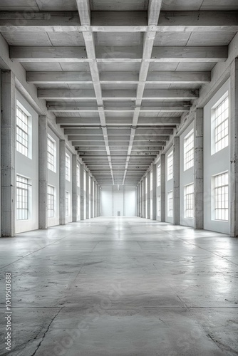 A large empty warehouse space with concrete floors and high ceilings. AI.